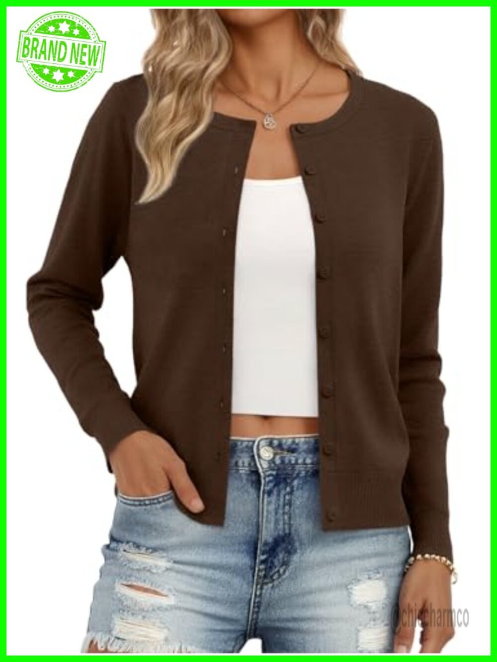 Women's Lightweight Knit Button Cardigan Crew Neck Long Sleeve